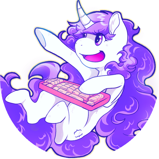 A drawing of a white-coated, lavender-maned unicorn with a curly braces (programming) cutie mark. She's got a really long mane and tail. She's holding a pink keyboard.
